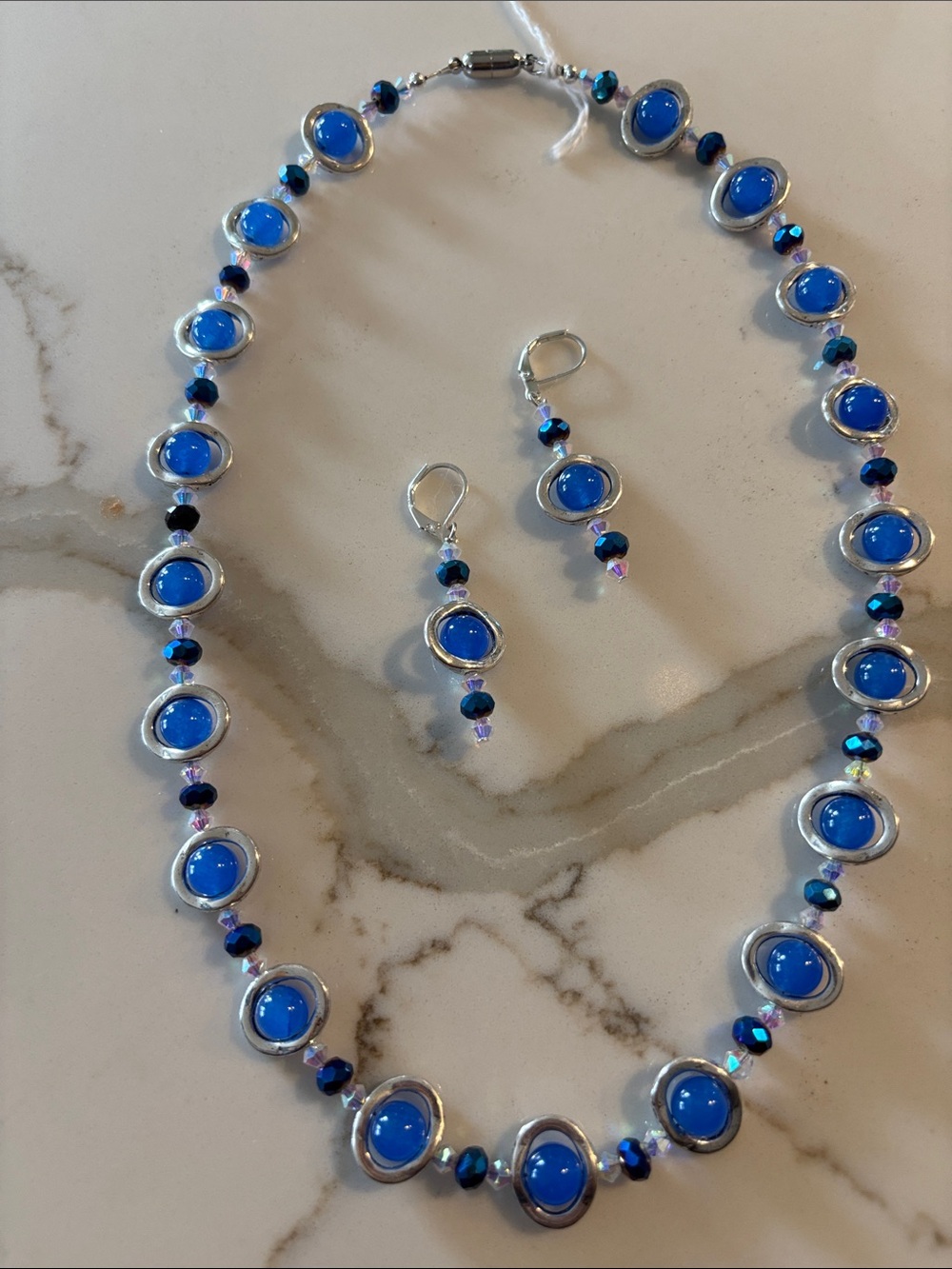 Blue Glass Cabochon Necklace and Earrings Set